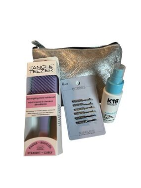 K18 AstroLift Volume Spray Mini, Tangle Teezer Brush & Scunci Pins Set + Bag